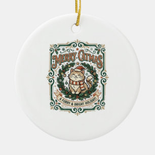 Merry Catmas Cat Christmas Vintage Vector Art Shir Ceramic Ornament