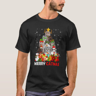 Merry Catmas Cat Mom Cat Dad Christmas Scottish Fo T-Shirt