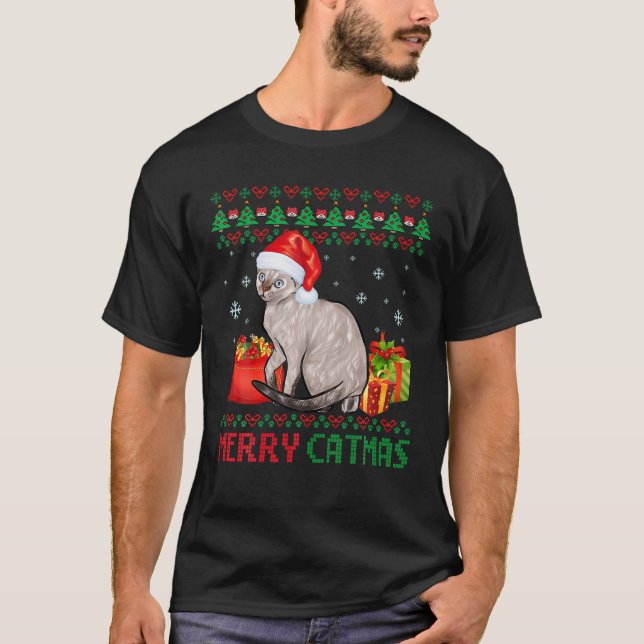 Merry Catmas Cat Ugly Christmas Devon Rex Mom Dad T-Shirt (Front)