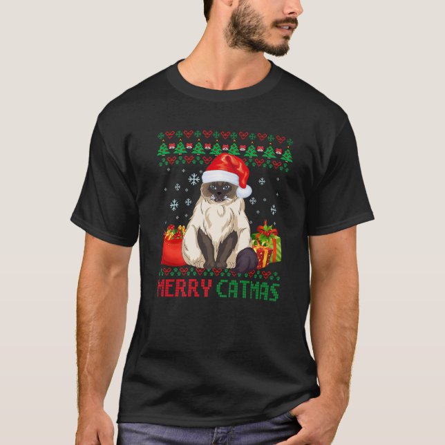 Merry Catmas Cat Ugly Christmas Himalayan Mom Dad T-Shirt (Front)