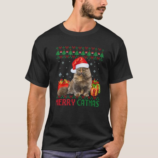 Merry Catmas Cat Ugly Christmas Munchkin Cat Mom D T-Shirt (Front)