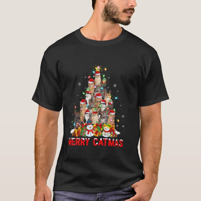 Merry Catmas Cat Xmas Lights Santa Hat Cats Christ T-Shirt (Front)