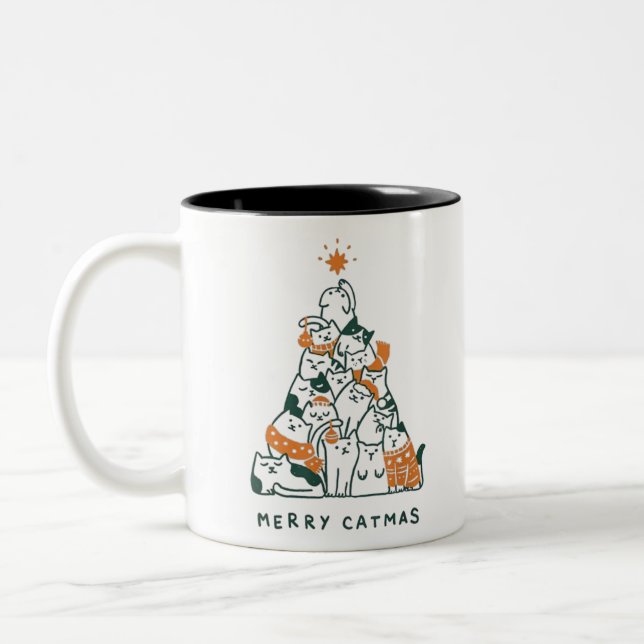 Merry catmas cats christmas tree xmas Two-Tone coffee mug (Left)