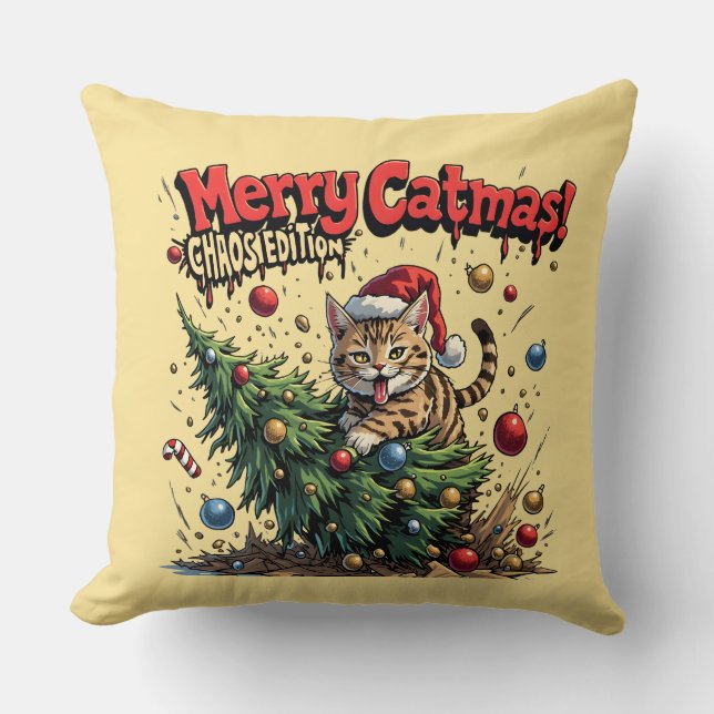 Merry Catmas – Chaos Edition Throw Pillow (Front)