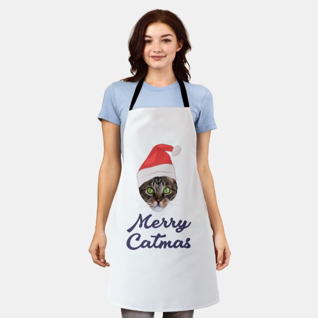 Merry Catmas, Christmas Cat Santa hat Invitation Apron (Worn)