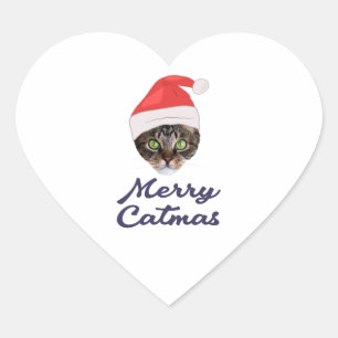 Merry Catmas, Christmas Cat Santa hat Invitation P Heart Sticker