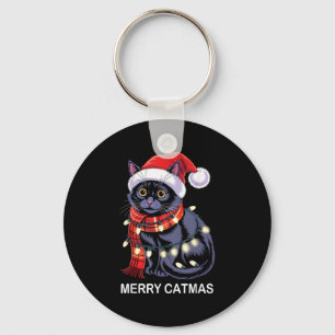 Merry Catmas Christmas Lights Cat Santa Hat Xmas M Keychain