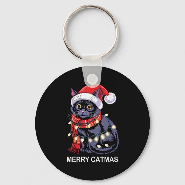 Merry Catmas Christmas Lights Cat Santa Hat Xmas M Keychain (Front)