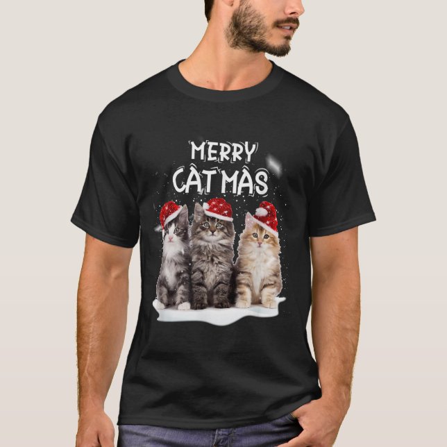 Merry Catmas Christmas Tree Santa Kitten Xmas Cute T-Shirt (Front)