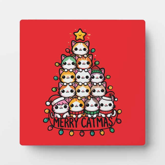 Merry Catmas Cute Cat Christmas Tree Holiday Plaque (Front)