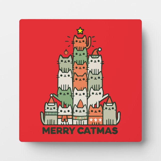 Merry Catmas Cute Cat Christmas Tree Holiday Plaque (Front)