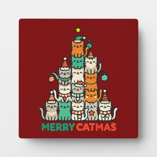 Merry Catmas Cute Cat Christmas Tree Holiday Plaque (Front)