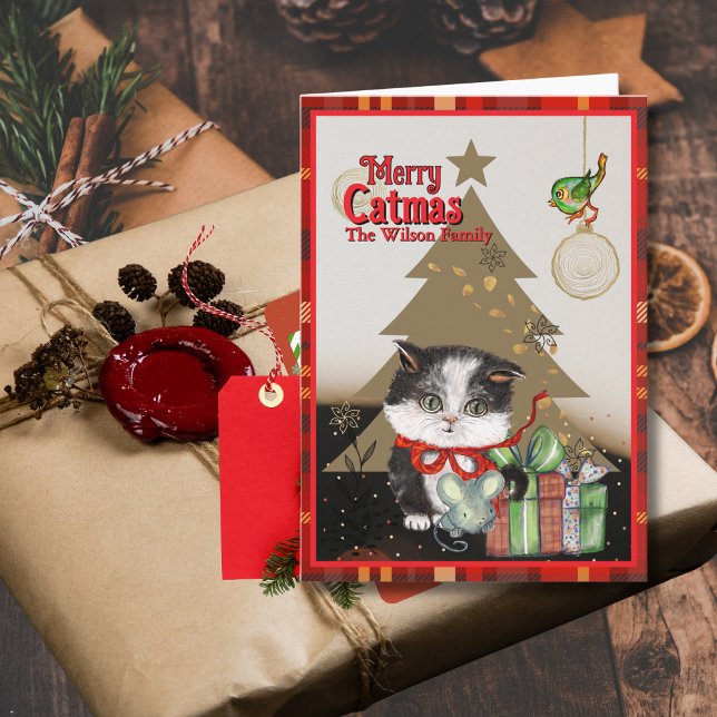 Merry Catmas Cute Kitten Christmas Red bow Holiday Card (Merry Catmas Cute Kitten Christmas Red bow Holiday Card)