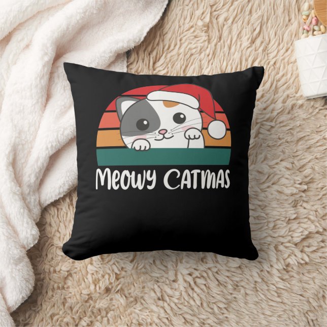 Merry Catmas Funny Cat Christmas Pun Throw Pillow (Blanket)