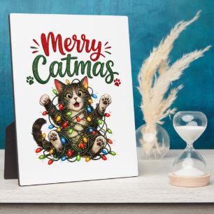Merry Catmas Funny Cat Christmas Tree Lights Xmas Plaque