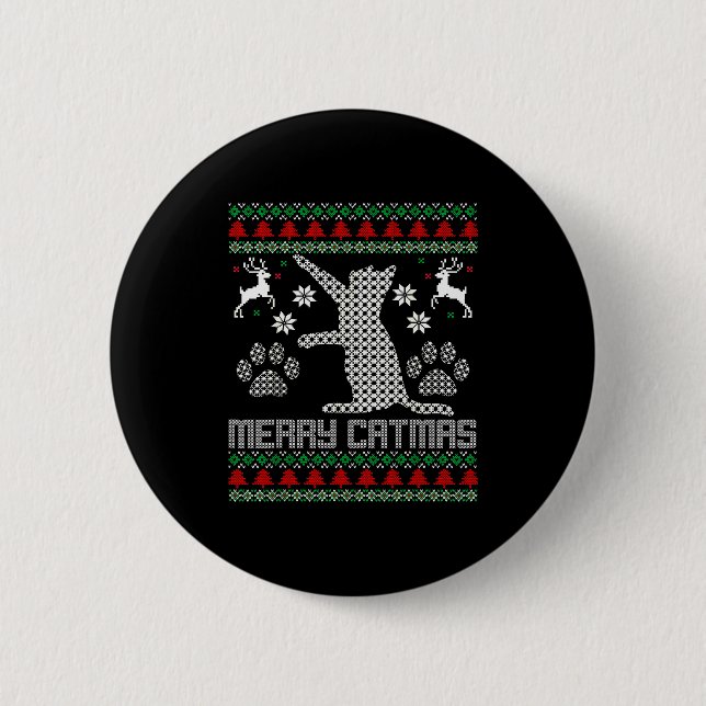 Merry Catmas Funny Cat Christmas Ugly Sweater Men  2 Inch Round Button (Front)