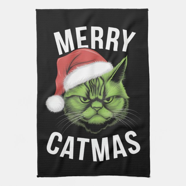 Merry Catmas Funny Cat Lovers Christmas  Kitchen Towel (Vertical)