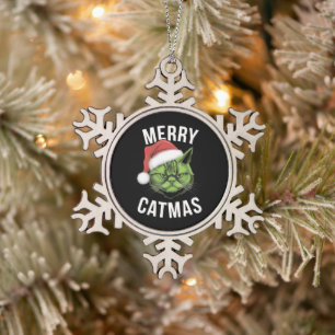Merry Catmas Funny Cat Lovers Christmas  Snowflake Pewter Christmas Ornament