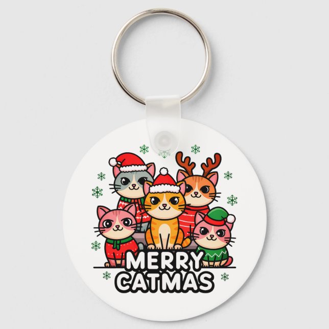 Merry Catmas Funny Christmas Keychain (Front)