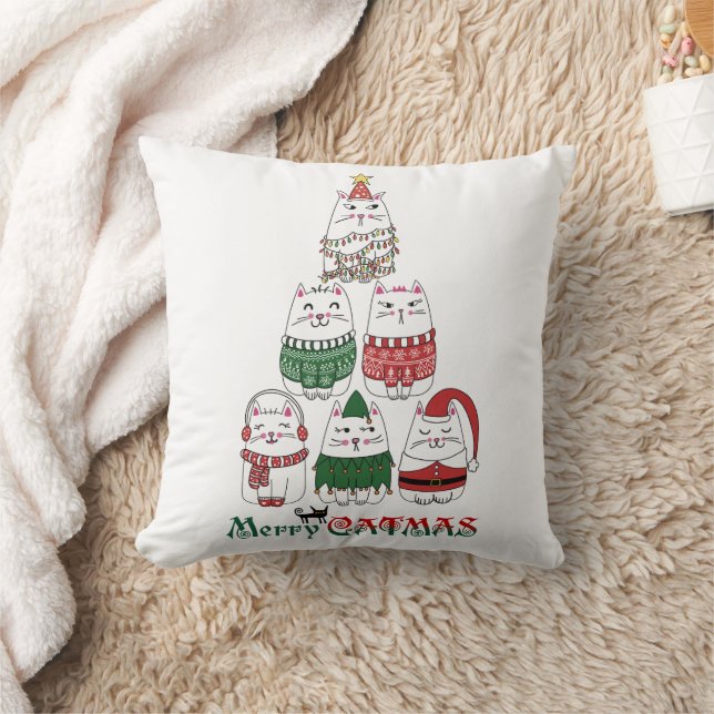 Merry Catmas Funny Christmas Kitten Tree Throw Pillow (Blanket)
