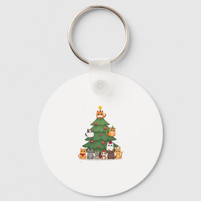 Merry Catmas Funny Christmas Tree, Cats Xmas Meow  Keychain (Front)