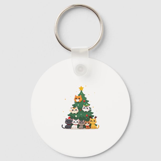 Merry Catmas Funny Christmas Tree, Cats Xmas Meow  Keychain (Front)