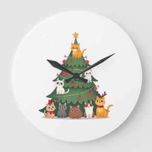 Merry Catmas Funny Christmas Tree, Cats Xmas Meow  Large Clock