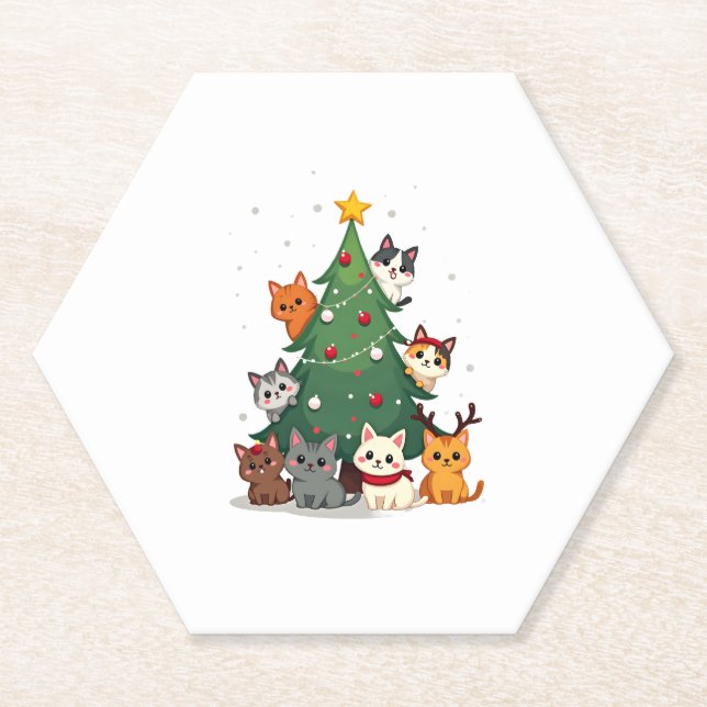 Merry Catmas Funny Christmas Tree, Cats Xmas Meow  Paper Coaster (Front)