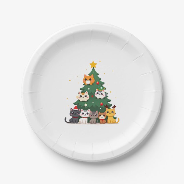 Merry Catmas Funny Christmas Tree, Cats Xmas Meow  Paper Plate (Front)