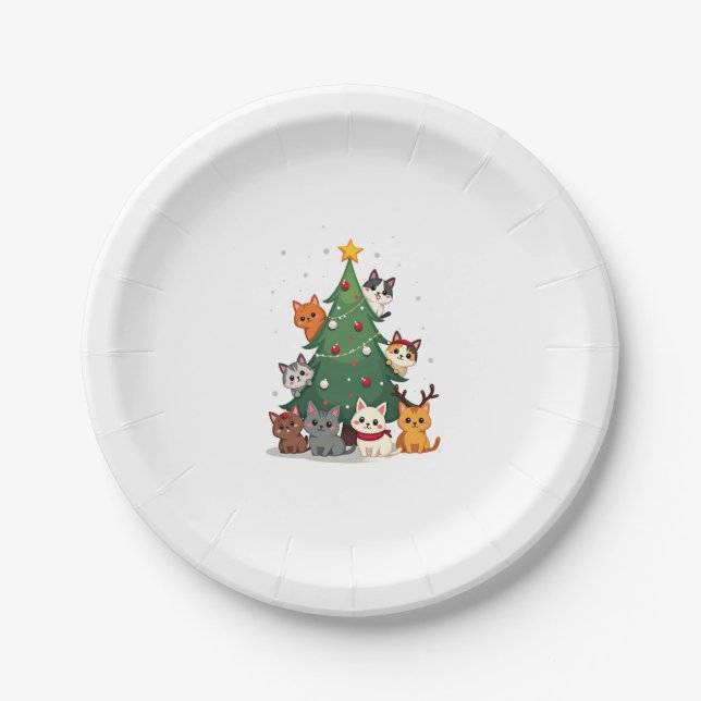 Merry Catmas Funny Christmas Tree, Cats Xmas Meow  Paper Plate (Front)