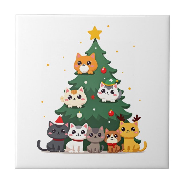 Merry Catmas Funny Christmas Tree, Cats Xmas Meow  Tile (Front)