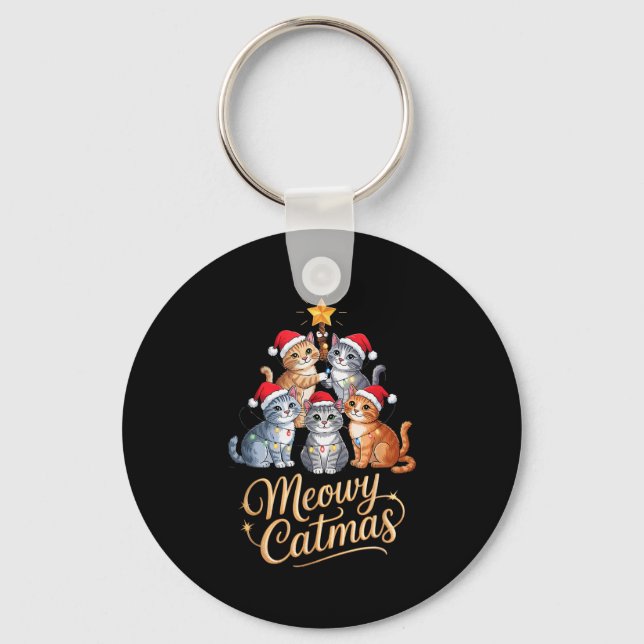 Merry Catmas Funny Christmas Tree Matching Meowy X Keychain (Front)