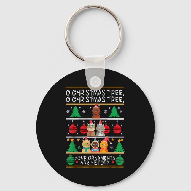 Merry Catmas Funny O Christmas Tree, Cat Xmas Meow Keychain (Front)