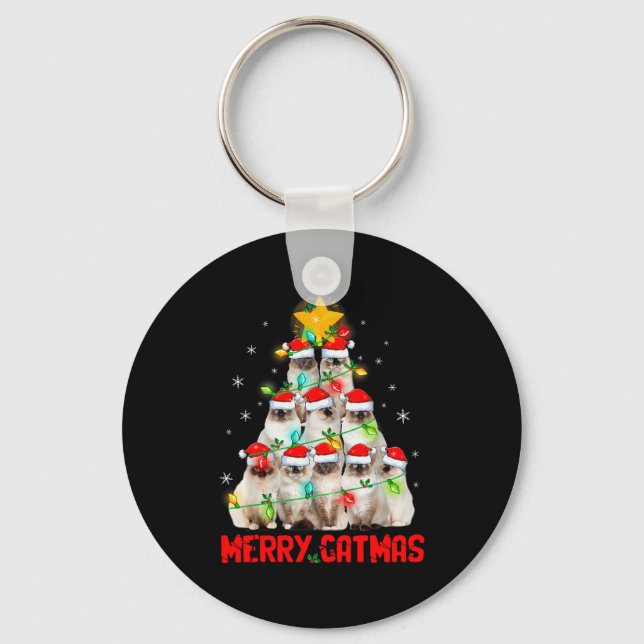 Merry Catmas Santa Birman Cats Christmas Tree Ligh Keychain (Front)