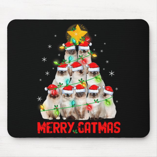 Merry Catmas Santa Birman Cats Christmas Tree Ligh Mouse Pad (Front)
