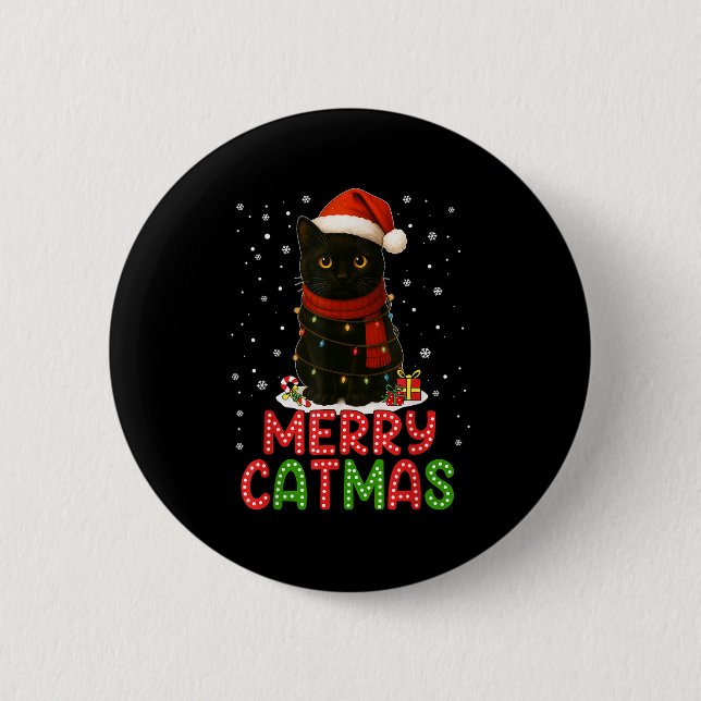 Merry Catmas Santa Hat Funny Black Cat Christmas W 2 Inch Round Button (Front)