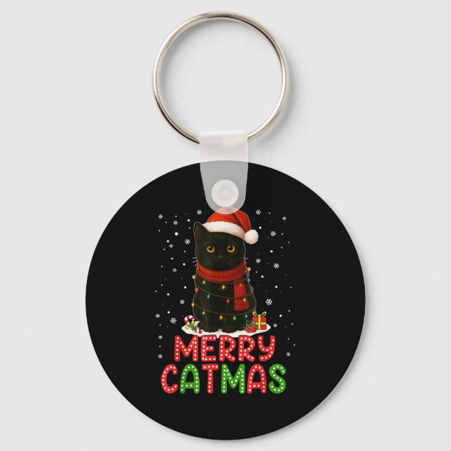 Merry Catmas Santa Hat Funny Black Cat Christmas W Keychain (Front)