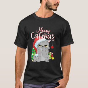 Merry Catmas Santa Hat Grey Cat Funny Christmas Me T-Shirt