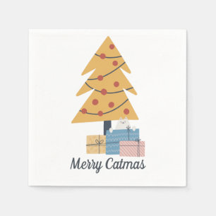 Merry Catmas white cat Christmas tree gifts Napkin