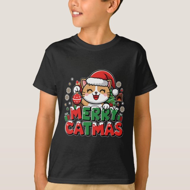 Merry Catmas Xmas Decoration Santa Cat Funny Chris T-Shirt (Front)