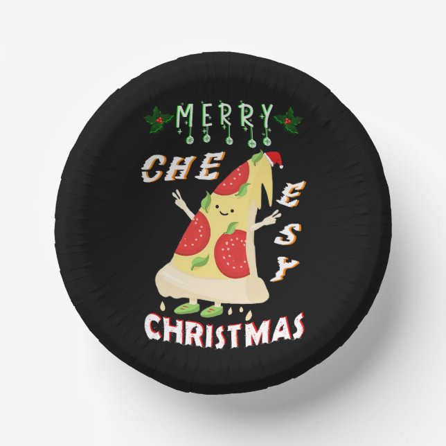 Merry Cheesy Christmas Xmas Santa Pizza Christmas Paper Plate (Front)