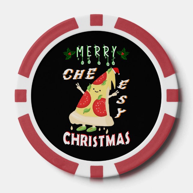 Merry Cheesy Christmas Xmas Santa Pizza Christmas Poker Chips (Front)