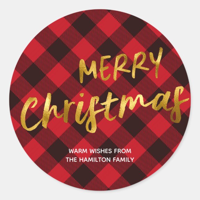 Merry Chirstmas Buffalo Plaid and Gold Foil Script Classic Round Sticker (Front)