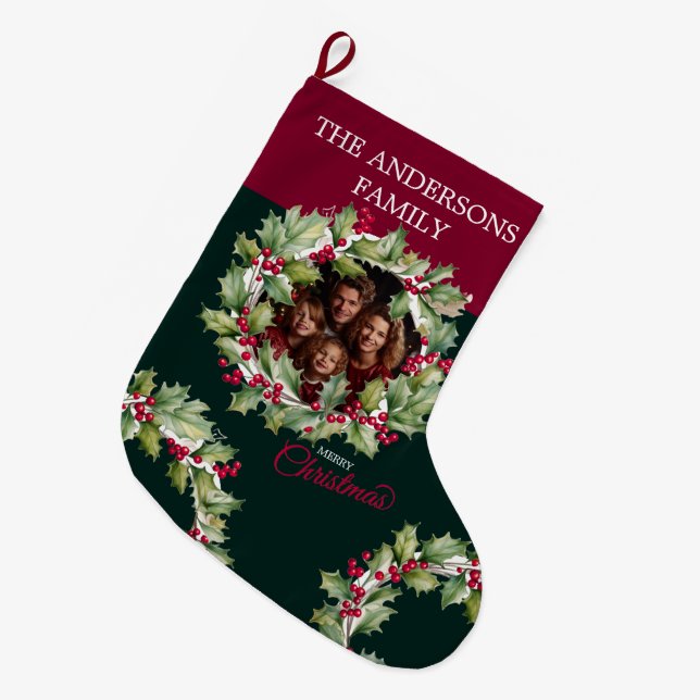 Merry Chistmas Editable Photo Family Large Christmas Stocking (Front (Hanging))