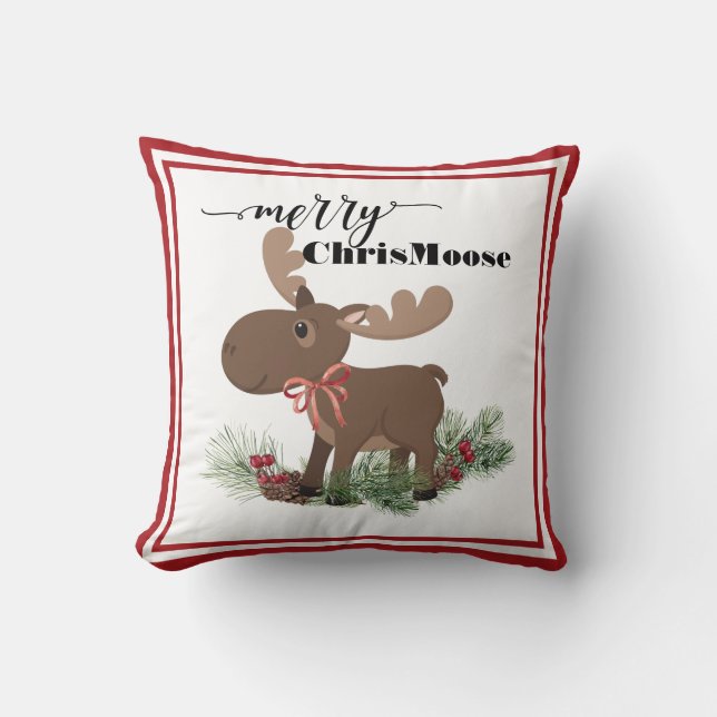 Merry ChrisMoose Throw Pillow (Front)