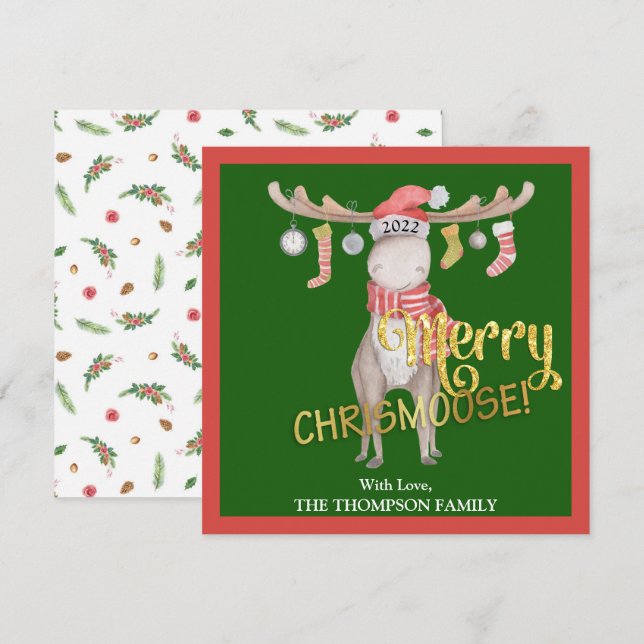 Merry ChrisMoose Watercolor Christmas Card (Front/Back)