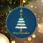 Merry Chrismukkah Cute Hanukkah Christmas Ceramic Ornament<br><div class="desc">This cute Merry Chrismukkah ornament gift features a green Christmas tree decorated with blue dreidel ornaments and a gold Jewish Star of David for Hanukkah at the top for Hanukkah to combine the 2 holidays for a family that celebrates both.</div>