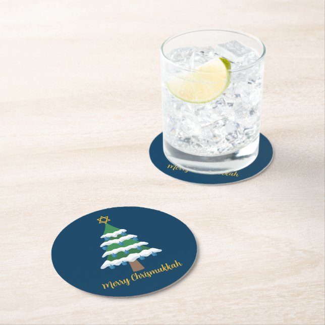 Merry Chrismukkah Cute Hanukkah Christmas Tree Round Paper Coaster (Insitu)