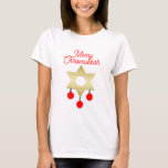 Merry Chrismukkah Fun T Shirt<br><div class="desc">This Merry Chrismukkah fun t shirt features the Star of David in gold with three red ornaments hanging from it. The words "Merry Chrismukkah" appear right above. This shirt is a great way to celebrate both Christmas and Hanukkah at the same time. You can select from many different styles for...</div>