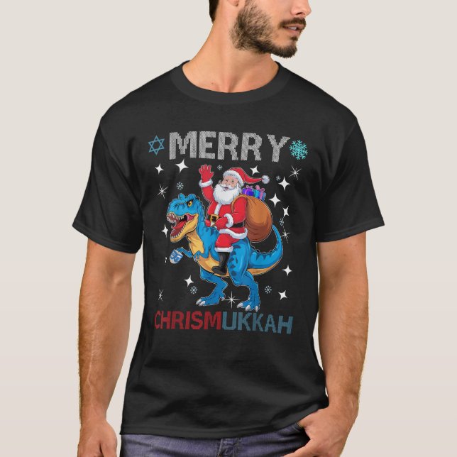 Merry Chrismukkah Funny Dinosaure Christmas And Ha T-Shirt (Front)